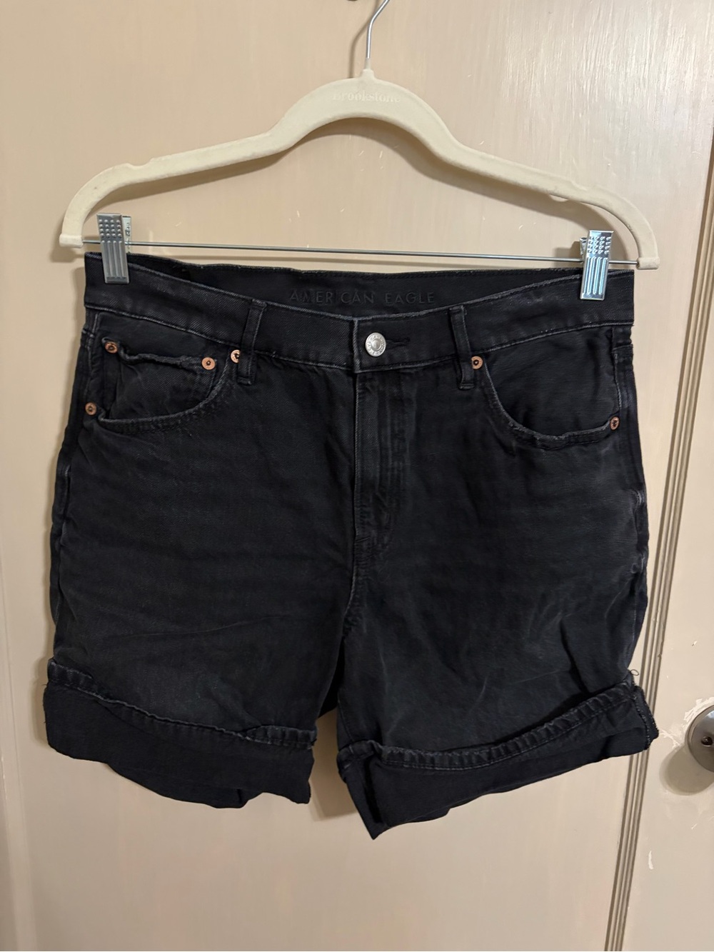 American Eagle Outfitters Black Rolled-Hem Denim Bermuda Shorts